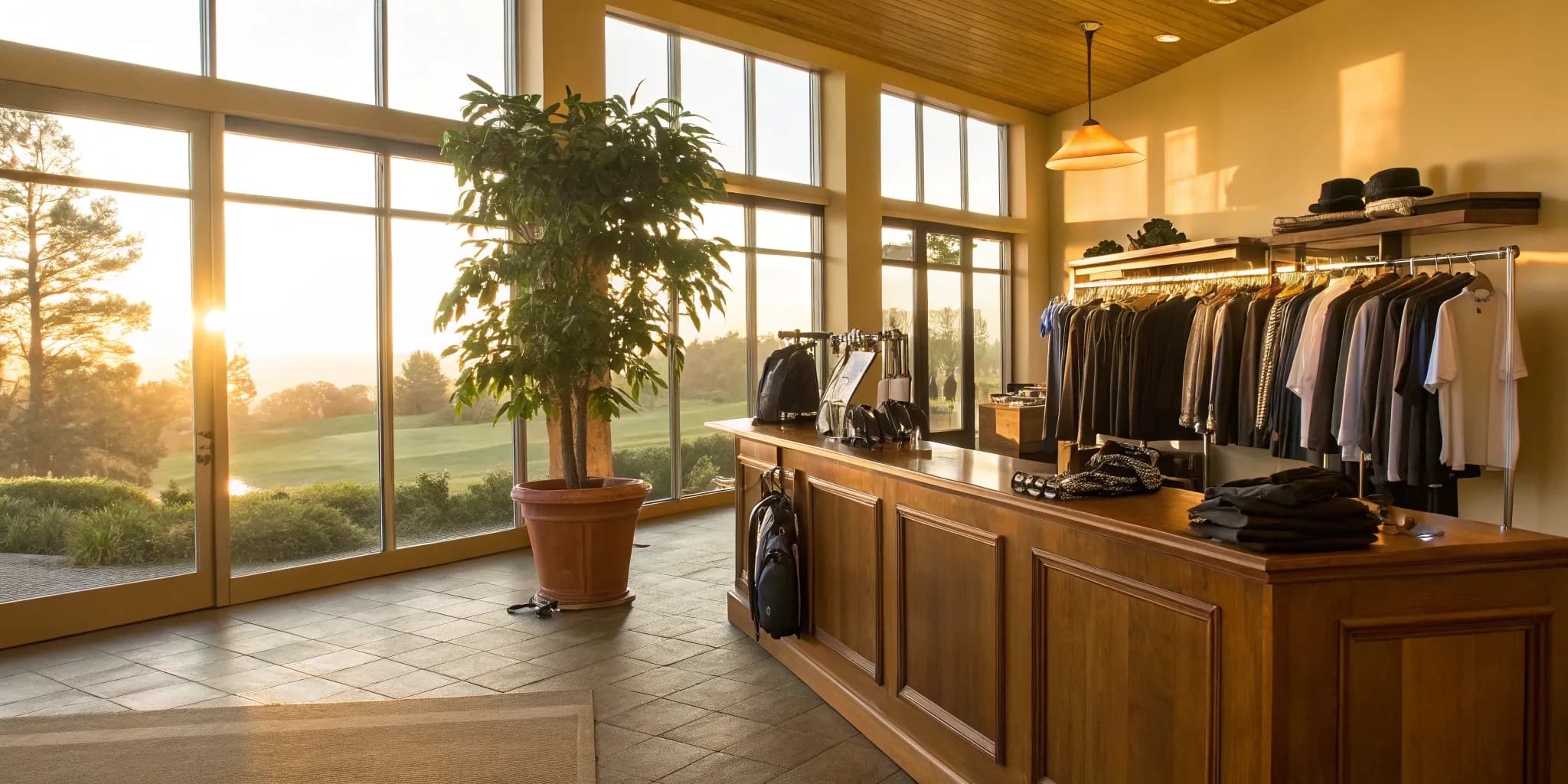 A well-organized golf shop using promotion ideas to feature its latest apparel and clubs.