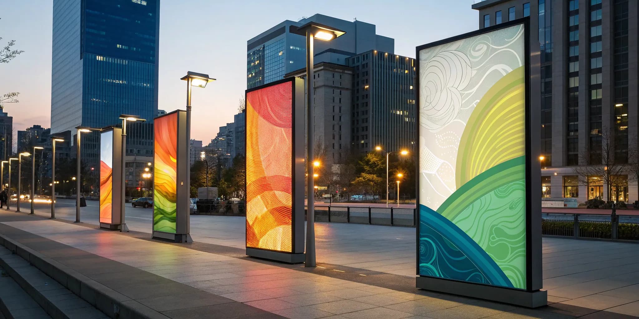 Vertical advertising banners used for an outdoor campaign in a city.
