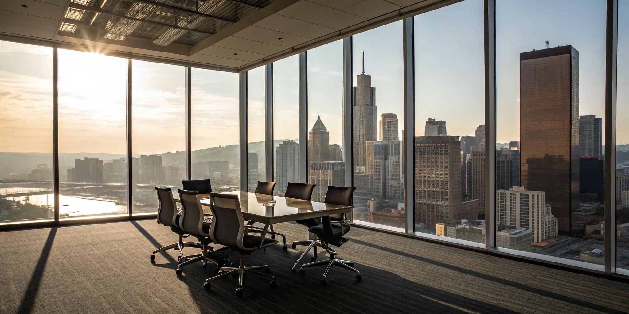 Modern office of a top advertising agency in Pittsburgh overlooking the city skyline.