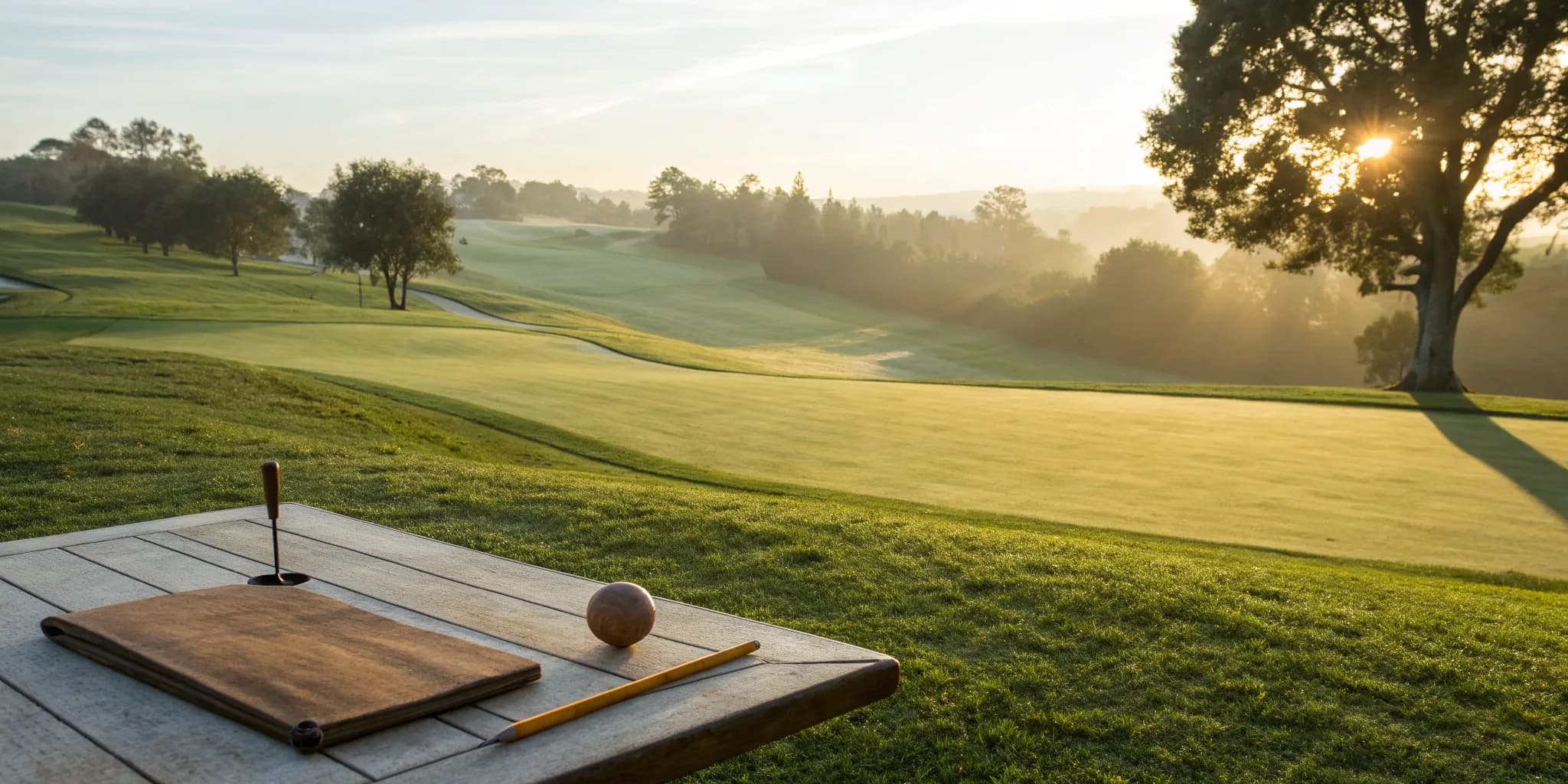 A golf scorecard and pencil on a table overlooking the course, a prime placement for advertising.