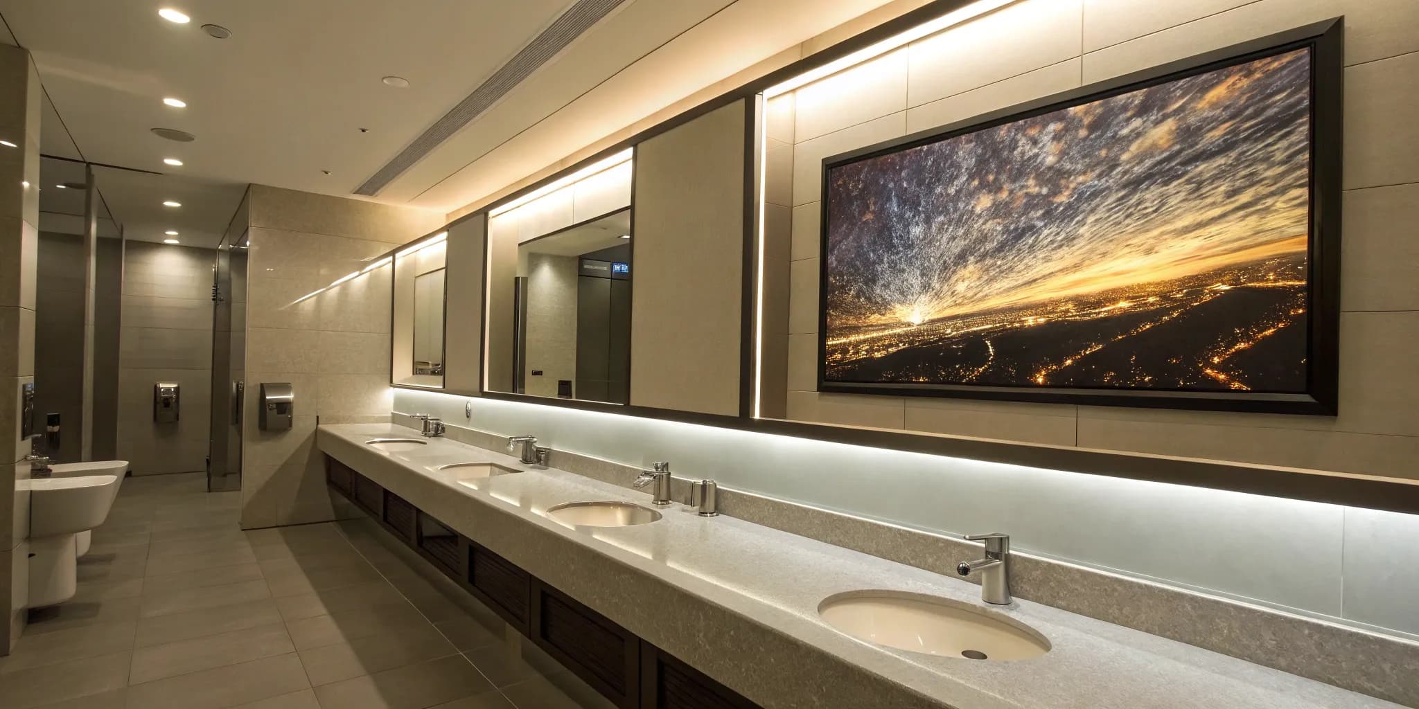 Bathroom advertising frame installed above sinks in a modern commercial restroom.
