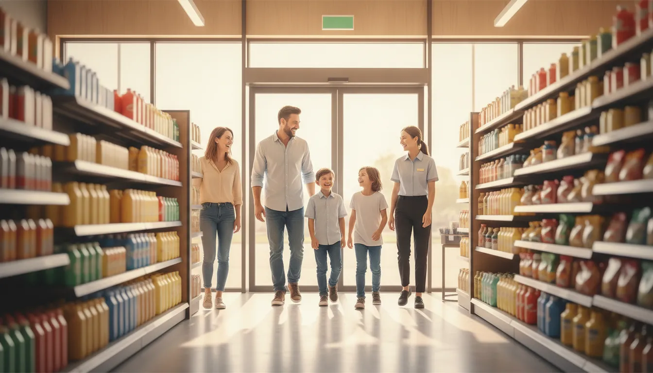 Shoppers moving through a bright, modern convenience store with colorful beverage shelves, demonstrating the high-traffic environment where place-based media reaches consumers.