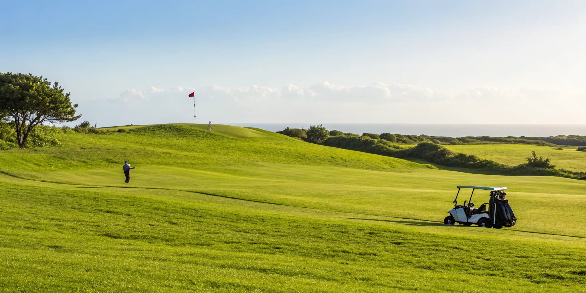 Golfer on a sunny golf course, a prime location for advertising.