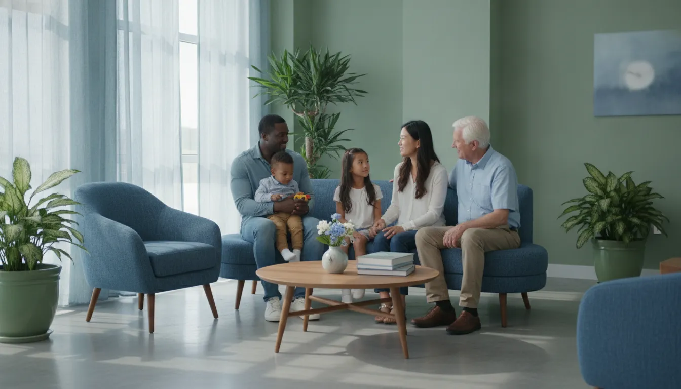 Family and older adult in a bright healthcare waiting room