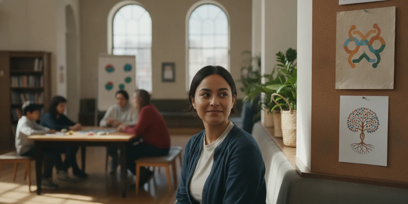 A person considering an advertisement while waiting in a community setting