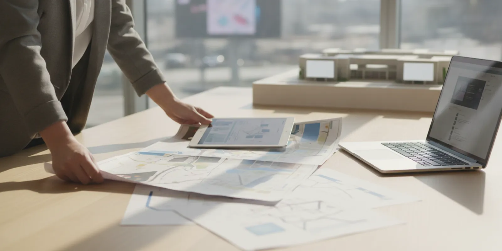 Media planner reviewing venue maps and campaign budget documents