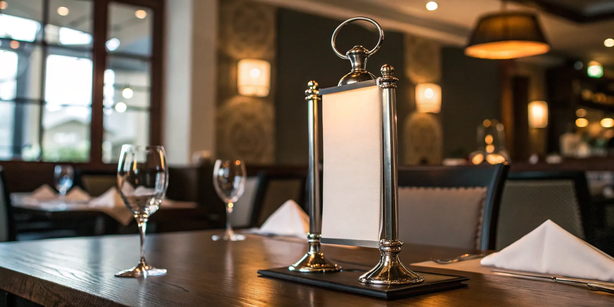 A professional metal table tent holder for restaurant promotions.