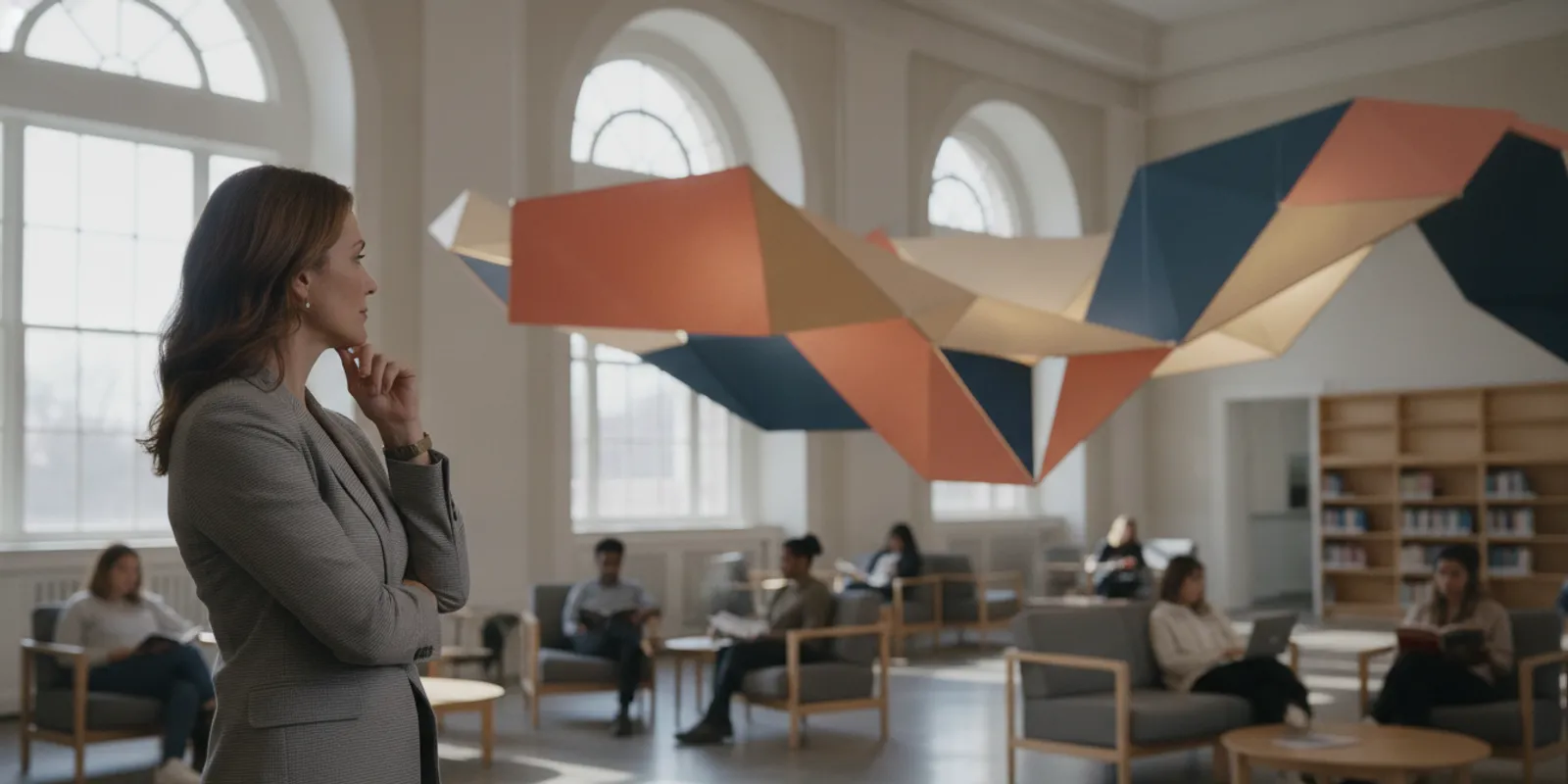 Media planner reviewing a place-based advertising display in a relaxed venue setting