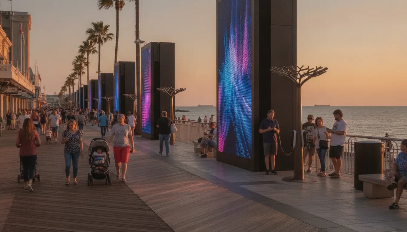 People engaging with digital advertising structures along a lively Atlantic City boardwalk