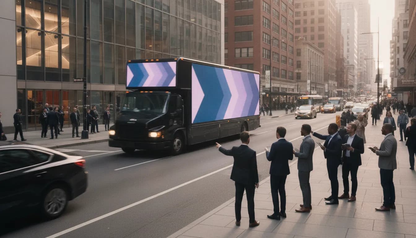 Mobile digital billboard advertising vehicle moving through a city