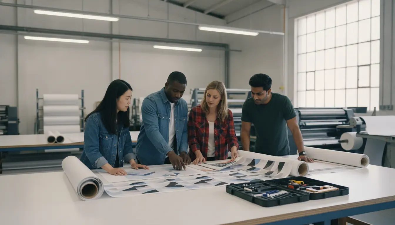 OOH creative production services team reviewing printed campaign materials in a production studio