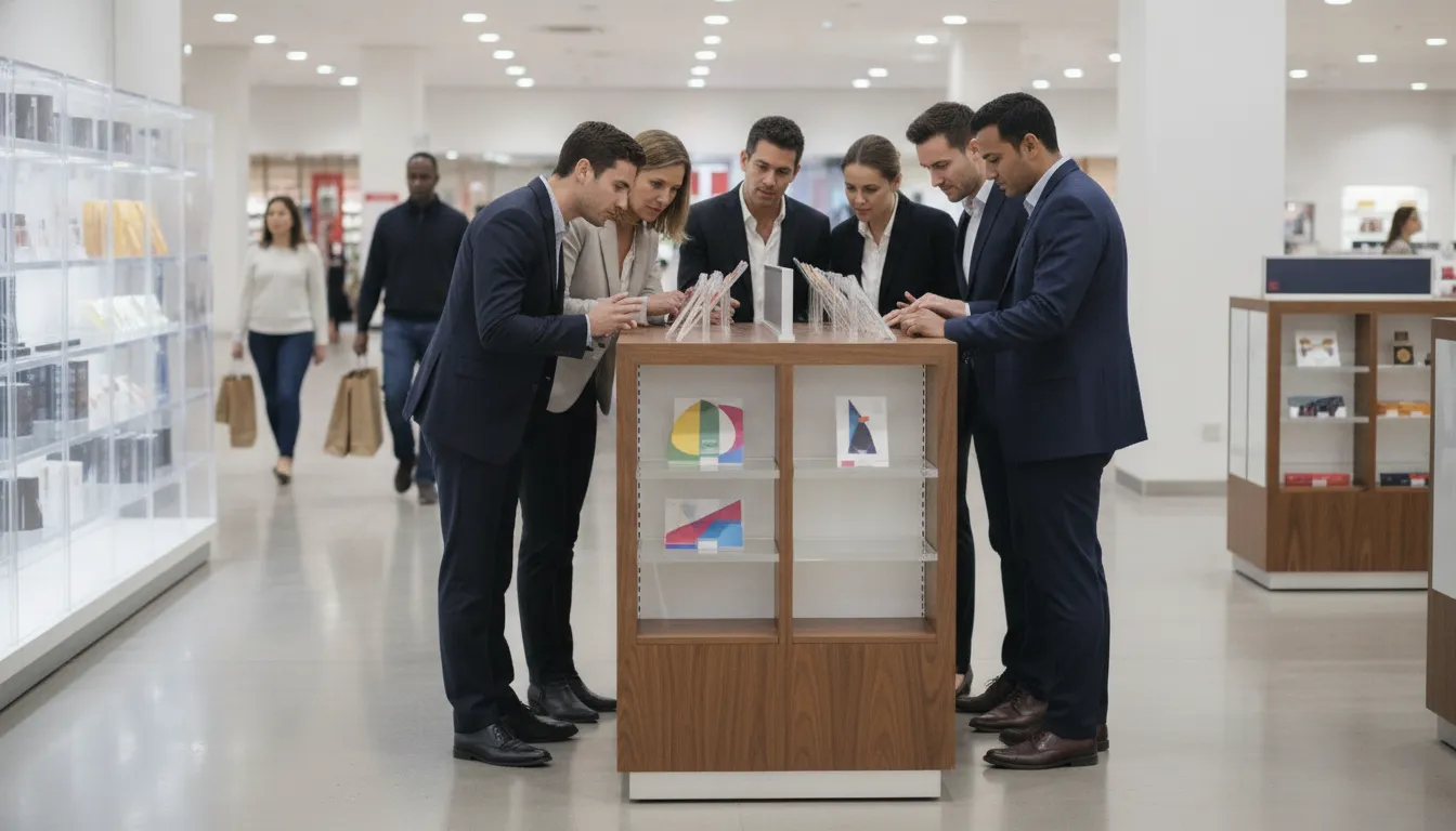 Media buyers reviewing a point of purchase display in a retail environment