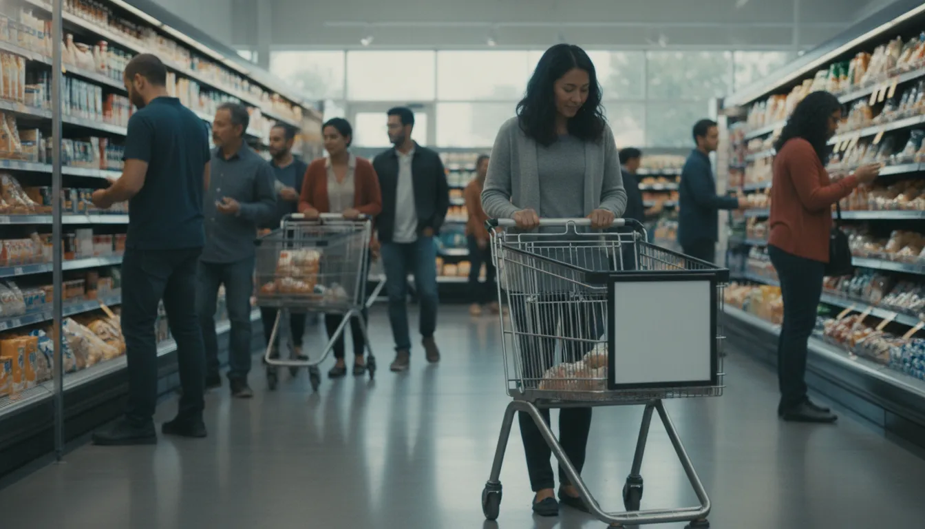 Retail media planner reviewing shopping cart advertising placements in a grocery environment