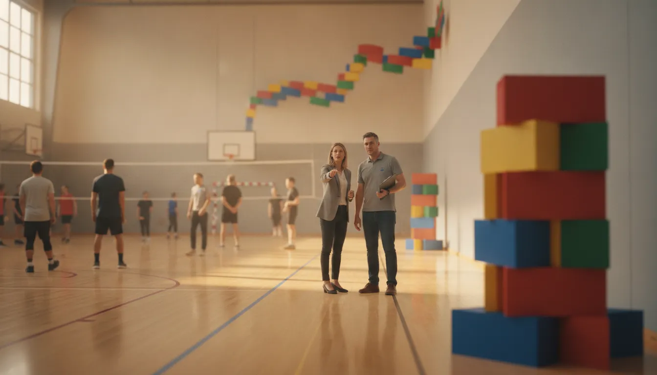Media buyer reviewing a venue sponsorship activation in a busy community sports venue