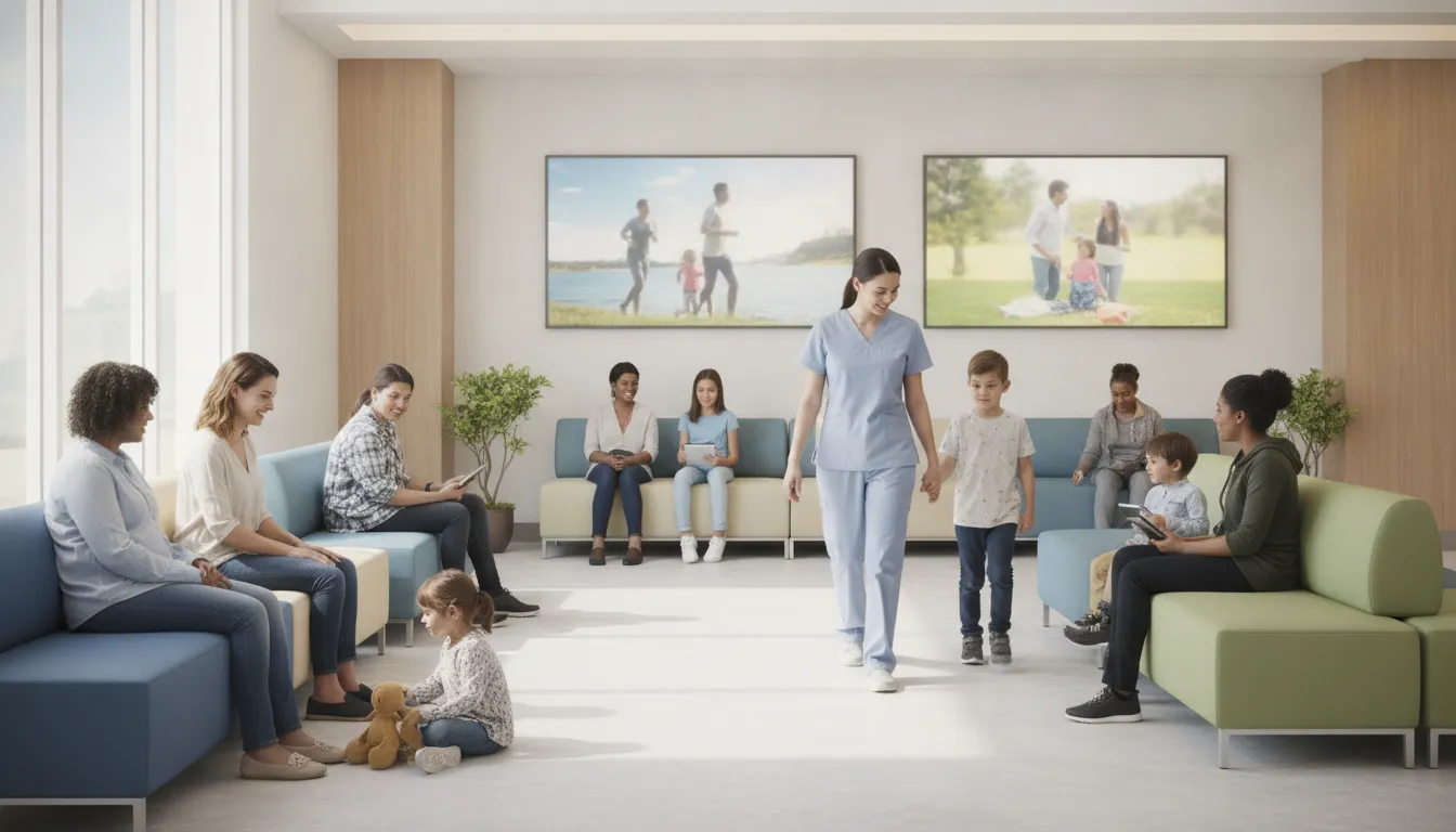 Patients seated and a nurse in a bright modern Dallas medical clinic waiting room with large wall-mounted screens showing blurred lifestyle imagery