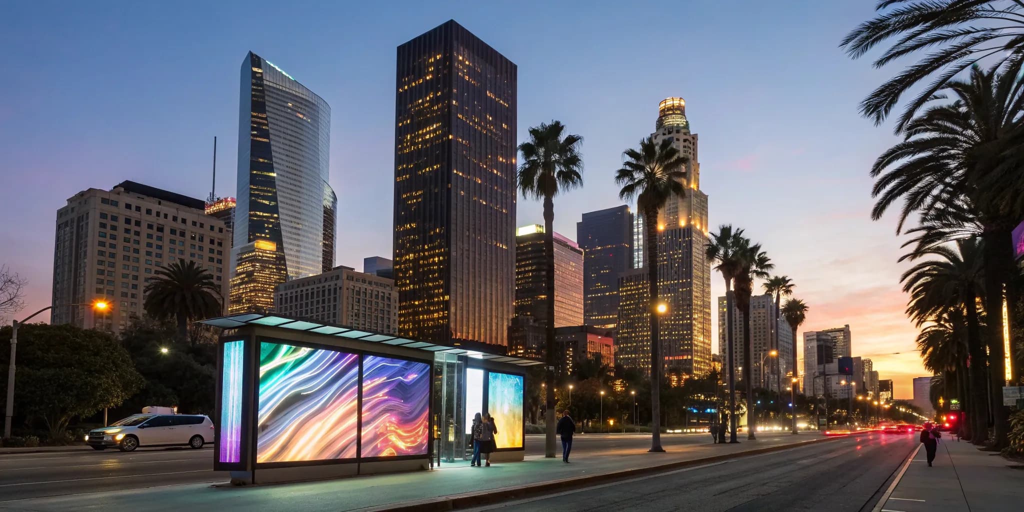 Alternative out of home advertising on a digital transit shelter in downtown Los Angeles.