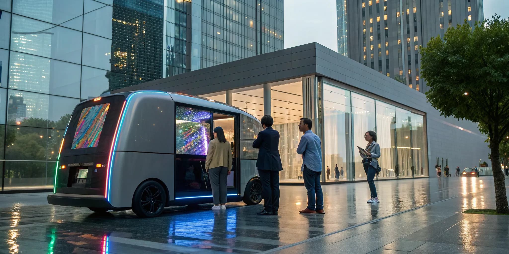 A futuristic experiential marketing vehicle engages a crowd with interactive digital displays.