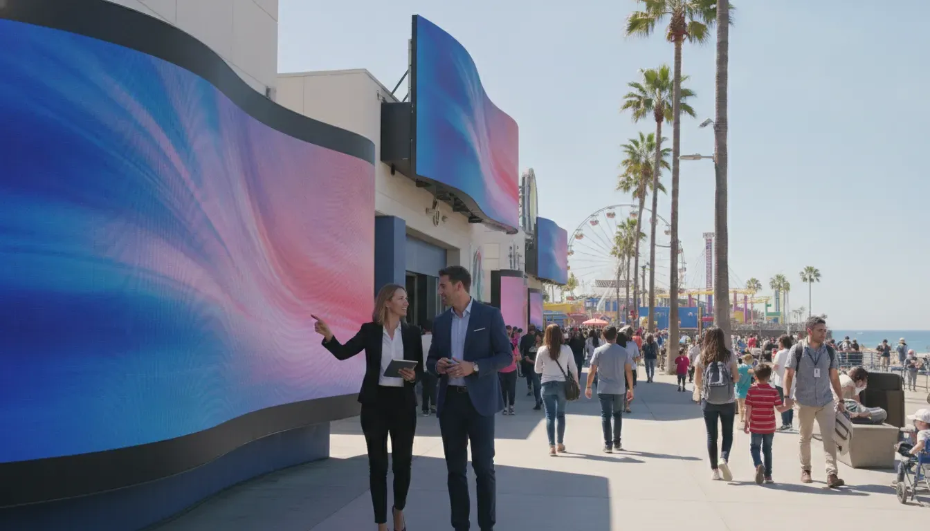 Media buyers reviewing digital out-of-home displays on a busy coastal boardwalk