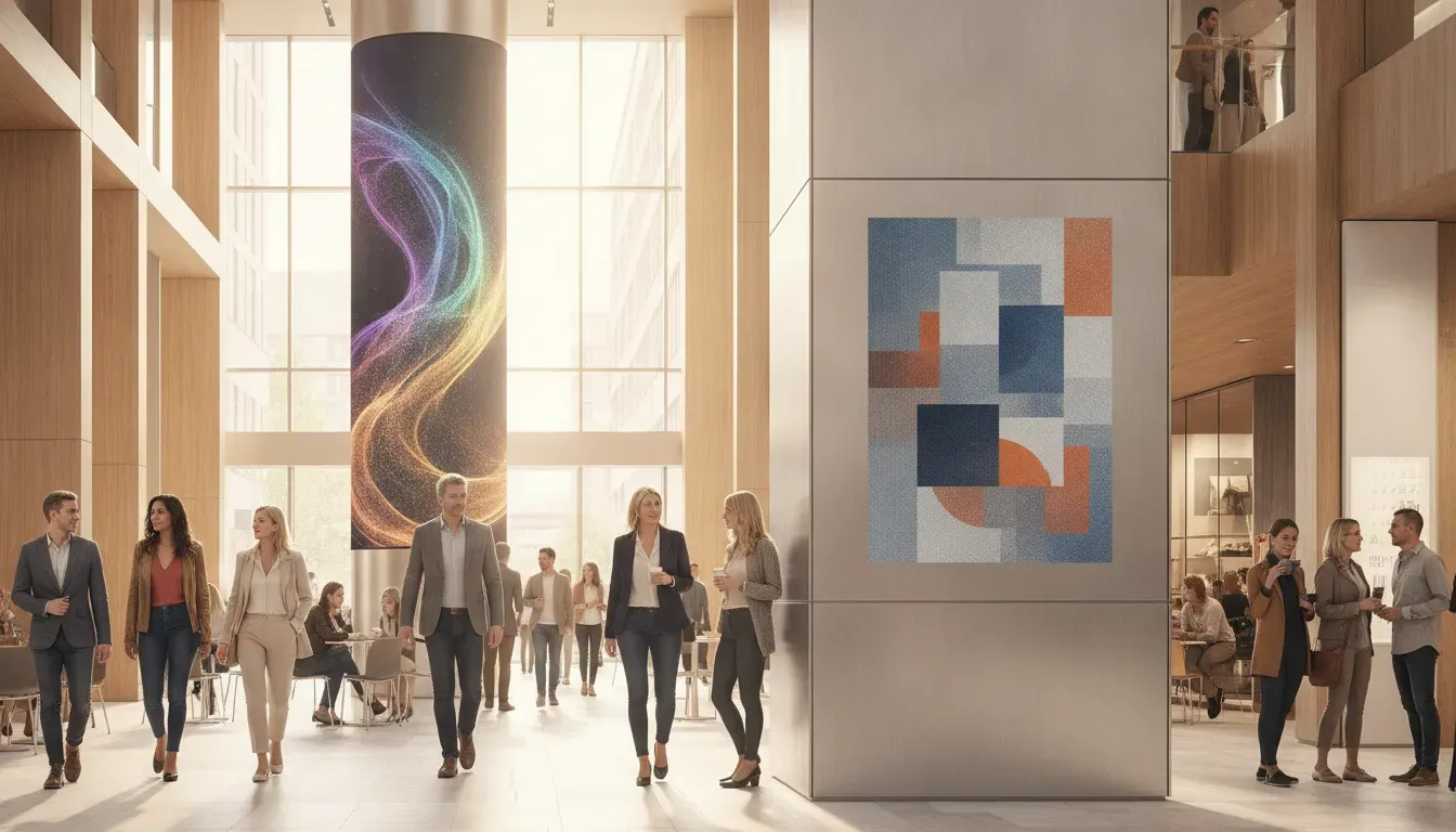 People moving through a bright venue with static and digital out-of-home advertising formats