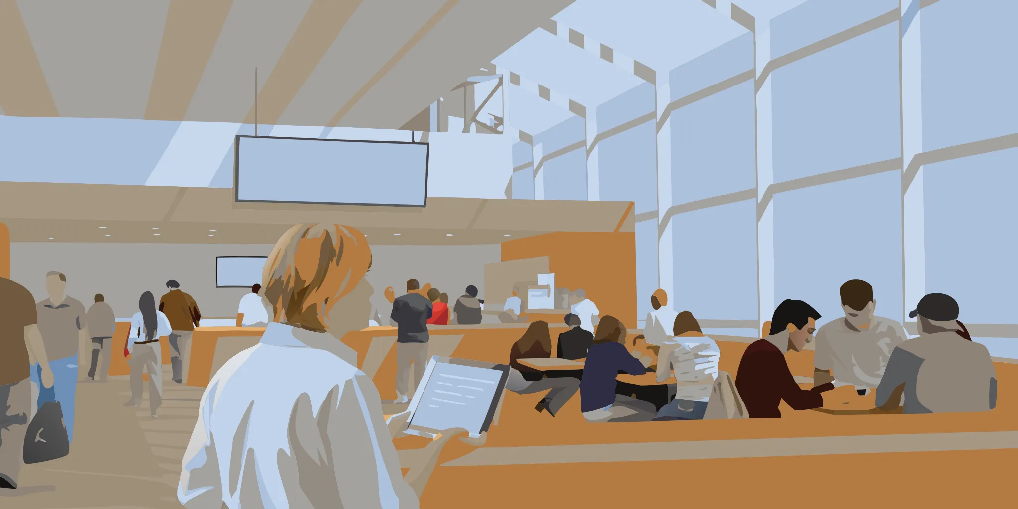 Media buyers reviewing a place-based digital out-of-home advertising campaign in a busy coffee shop venue