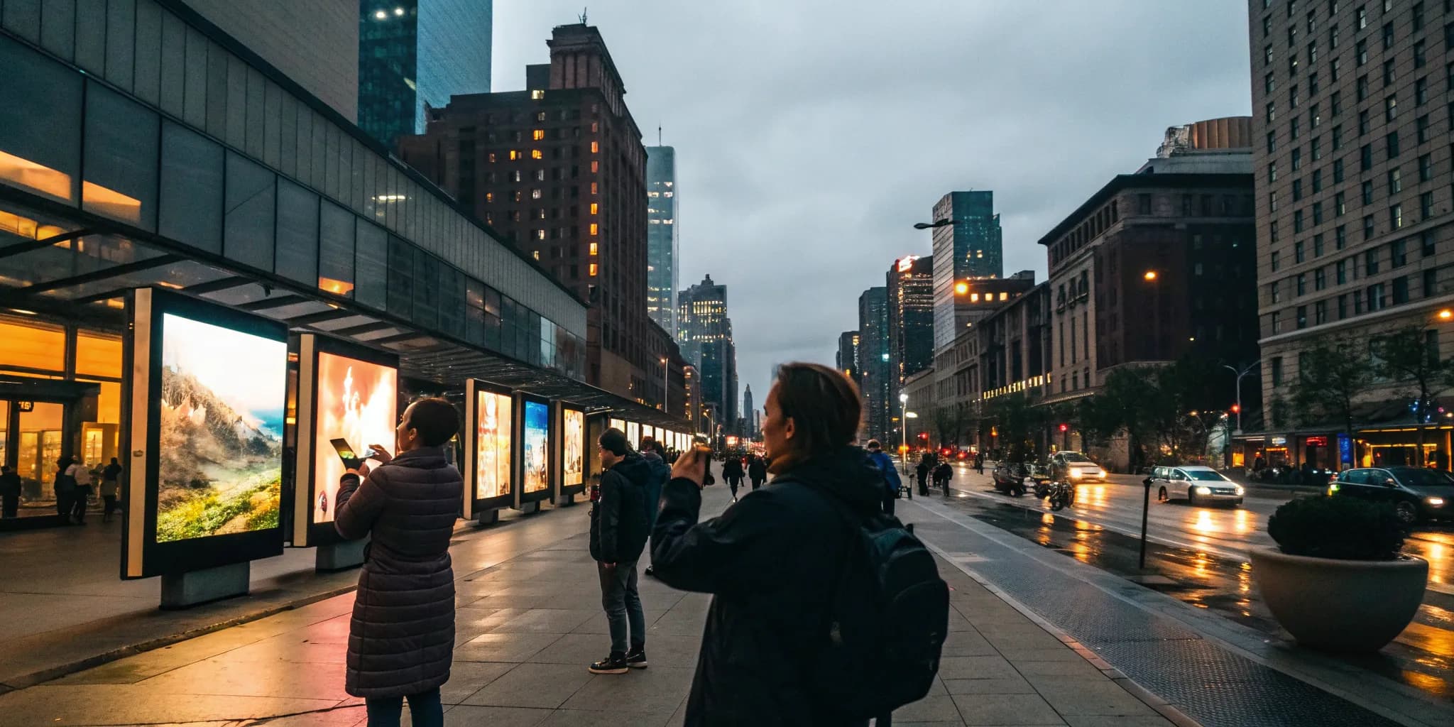 Digital screens displaying place-based media advertising in a busy public venue.