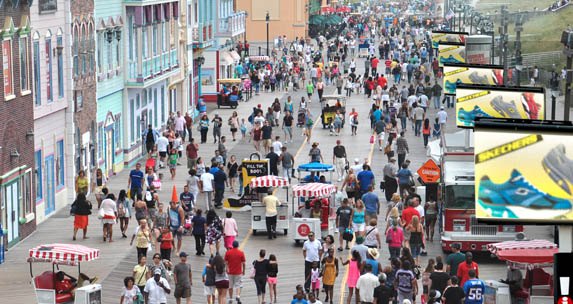 Aerial view of a packed Atlantic City Boardwalk