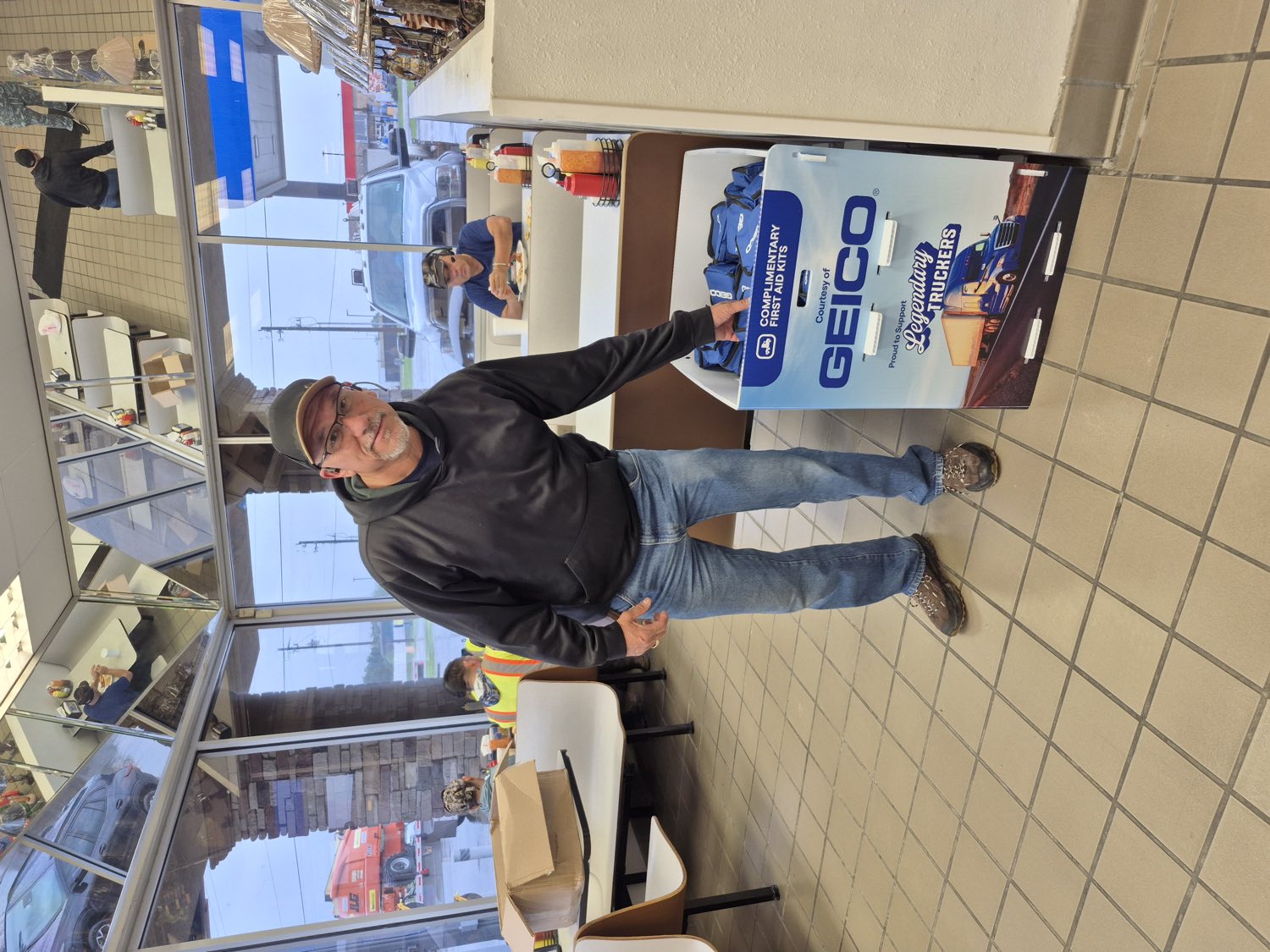 Giveaway bins and first aid kits, truck stop